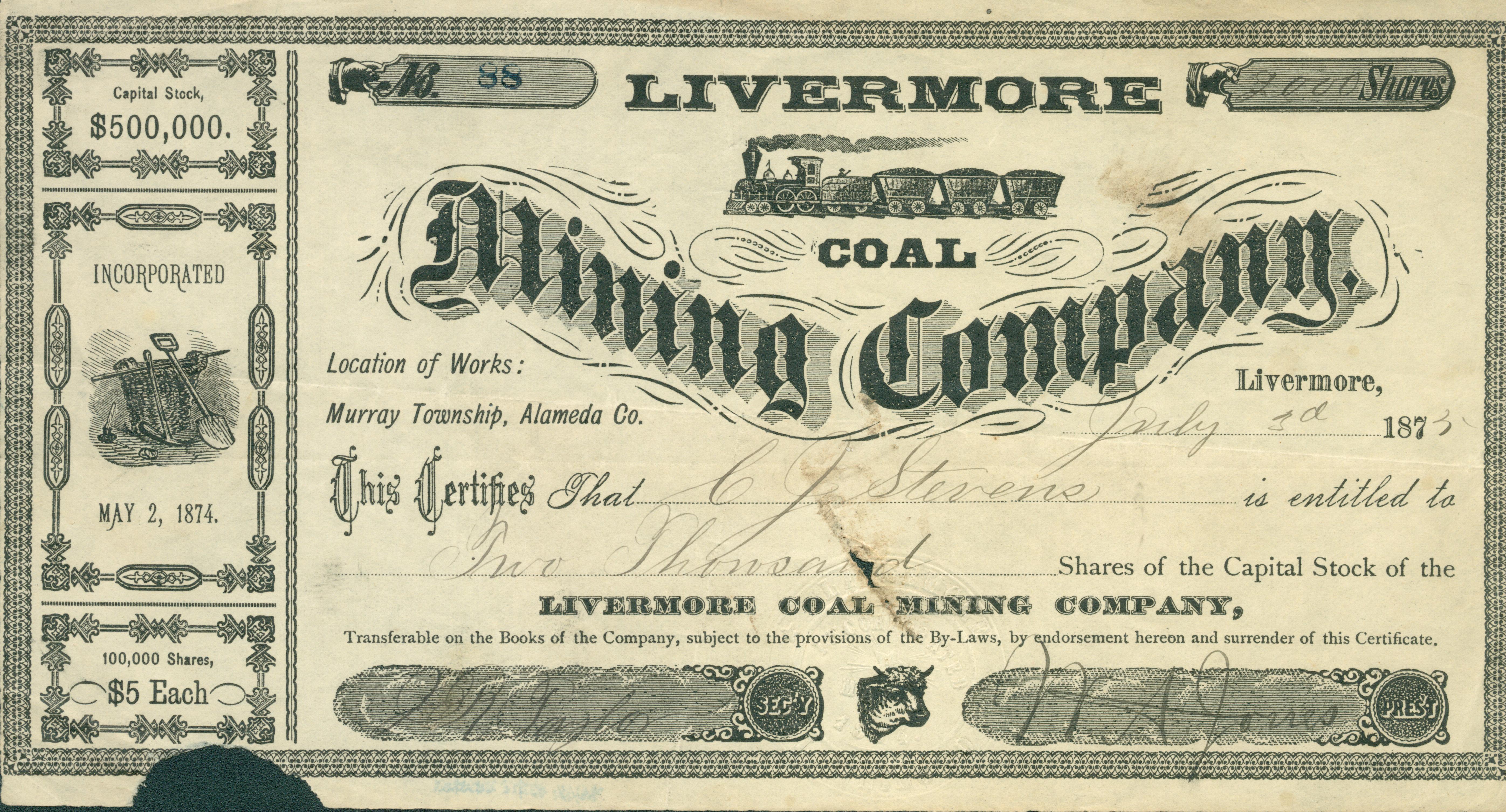 Certificate, No. 88 for 2000 shares for C. J. Stevens.  Includes print of locomotive pulling coal wagons.